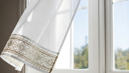 Elegant Sheer Curtain Billowing in Sunlit Window, Cozy Home Interior, Photography, Natural Light Viewpoint, Tranquil Environment