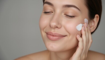 A close-up shot of a woman with white skincare cream on her cheek.