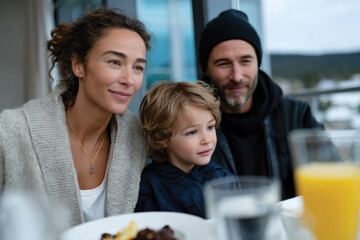 A heartwarming image capturing a woman, child, and man sharing laughter and joy during a family meal, framed by a beautiful snowy landscape that adds warmth to the scene.