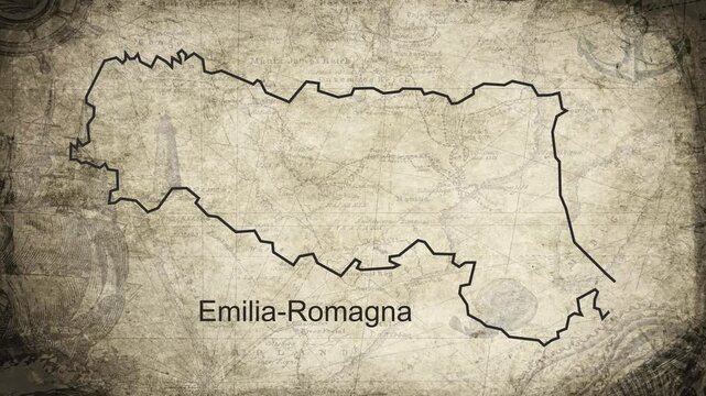 Emilia-Romagna map drawn on a cartography background sheet of paper