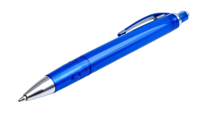 Isolated shot of a shiny, blue writing instrument, perfect for note-taking. It features a silver tip, clip, and accents, with a clear body