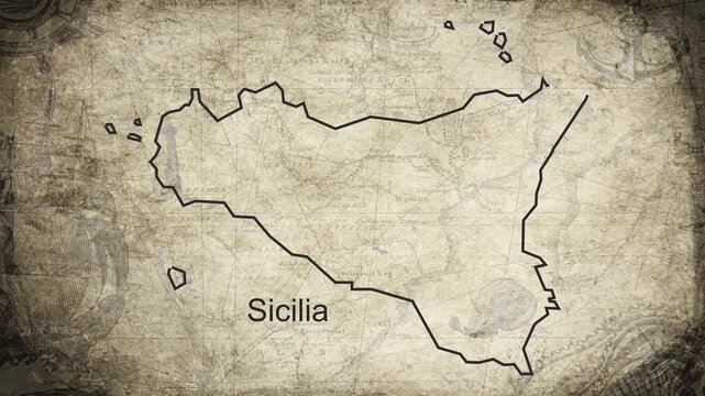 Sicilia map drawn on a cartography background sheet of paper