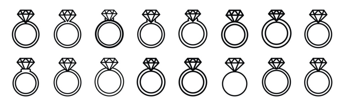 valentines day wedding ring diamond line art icon set. Simple outline collection for valentines day.