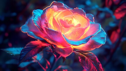 Vibrant, neon rose blooms, its petals outlined in glowing light, against a smoky, colorful backdrop