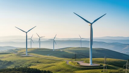 Wind turbines on a green hill landscape against a clear blue sky, generating clean renewable energy. Sustainable power generation technology for environmental conservation.
