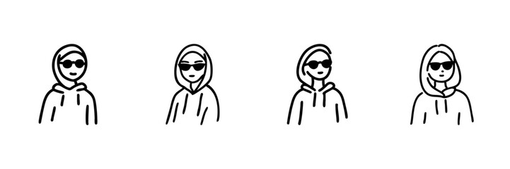 Fototapeta premium Hooded Figures With Sunglasses Line Icon Set In Doodle Style. Mystery, Anonymity, And Urban Fashion Outline Sketch Collection. Casual And Trendy Style. Hand Drawn Isolated Vector Illustration