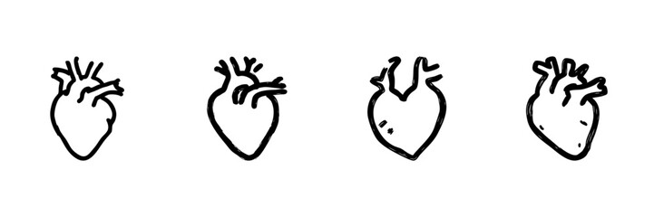 Fototapeta premium Anatomical Heart Line Icon Set In Doodle Style. Cardiovascular Health And Medical Illustration Outline Sketch Collection. Heart Anatomy And Circulatory System. Hand Drawn Isolated Vector Illustration
