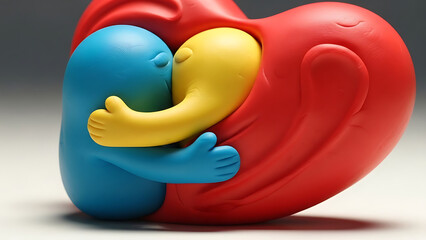 Colorful Figures Hugging Heart-Shaped Sculpture in Artistic Studio Environment