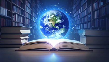 Futuristic hologram of Earth surrounded by digital textbooks