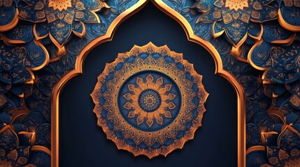 Intricate golden mandala on a dark blue background, creating a luxurious and elegant visual design