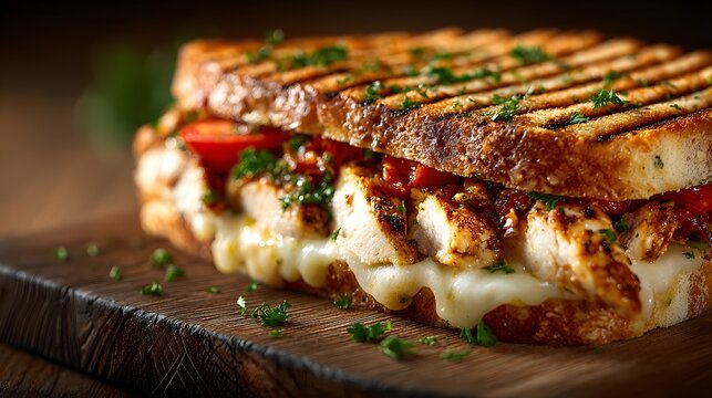Delicious grilled chicken panini sandwich with melted cheese and tomatoes on a rustic wooden table with fresh parsley garnish and warm light.