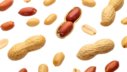 Assortment of peanuts isolated against a black backdrop, showcasing shelled, unshelled, and split examples. Details highlight texture and color