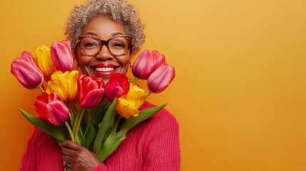 senior cheerful afro american modern woman holding many tulips with copy space on one side