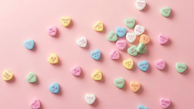 Conversation Candy Hearts Scattered on Pastel Pink Background 3D Render