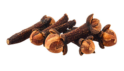 Fototapeta premium Close-up of dried, aromatic cloves with distinct bud and stem features against a pure black background. Aromatic, culinary spices