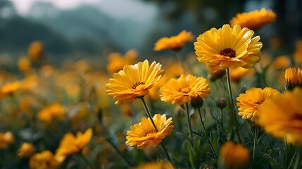Field of vibrant yellow calendula flowers in full bloom with soft sunlight illuminating the petals in a cheerful and bright nature atmosphere.