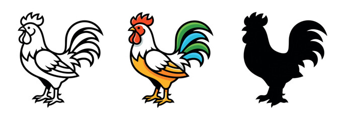 Obraz premium Detailed rooster mascot set featuring line work, vibrant color with green tail, and solid silhouette. Dynamic farm bird character.