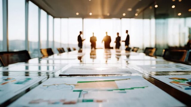 Corporate team standing around large table with charts documents and data analysis presenting strategic planning collaboration and modern business meeting concept