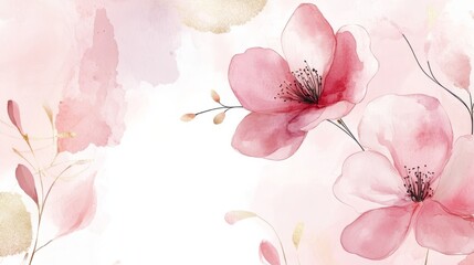 Spring floral in watercolor vector background, Luxury wallpaper design with pink flowers, line art, golden texture 