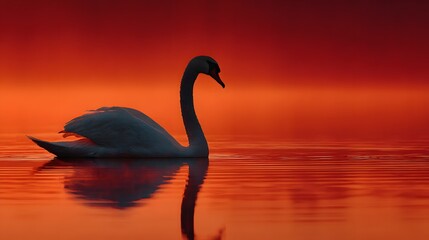Fototapeta premium Graceful silhouette of a swan floating on a calm lake at sunset with an intense red and orange sky reflecting in the water and peaceful vibes.