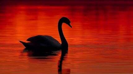 Fototapeta premium Graceful silhouette of a swan floating on a calm lake at sunset with an intense red and orange sky reflecting in the water and peaceful vibes.