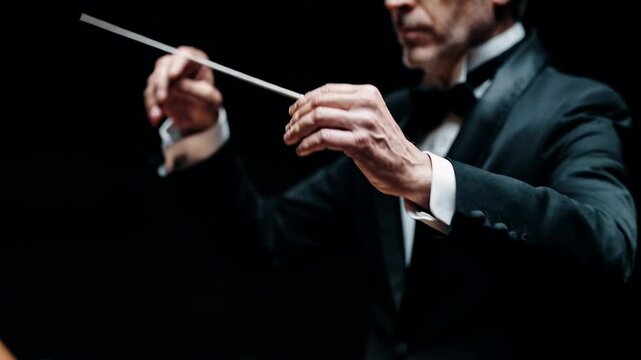 Conductor hands leading orchestra with expressive gestures capturing classical music performance coordination rhythm leadership and refined cultural art moment on dark stage