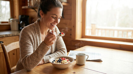 Smiling woman eating oatmeal with fresh fruit in the morning