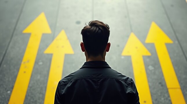 Silueta de hombre en una intersecci&oacute;n, flechas amarillas que apuntan en diferentes direcciones, entorno gris neutro, escena conceptual