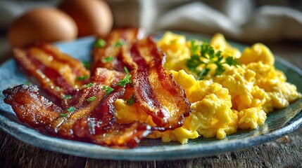 Hearty breakfast plate featuring crispy bacon strips and fluffy scrambled eggs with warm morning light highlighting the textures and colors.