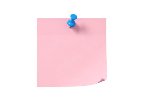 Pink sticky note with blue pushpin isolated on transparent background