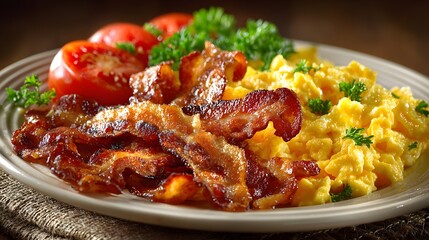 Hearty breakfast plate featuring crispy bacon strips and fluffy scrambled eggs with warm morning light highlighting the textures and colors.