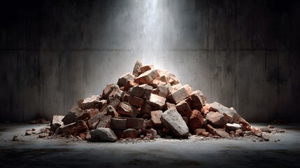 Large pile of red brick rubble and construction debris set against a textured concrete wall with gritty industrial aesthetic and dramatic light.