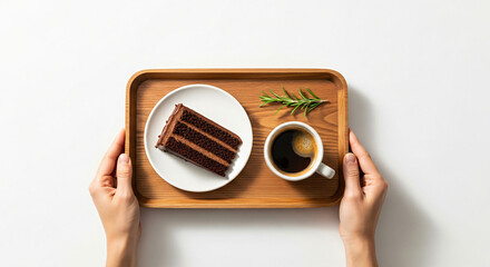Serving Chocolate Cake and Coffee on Wooden Tray