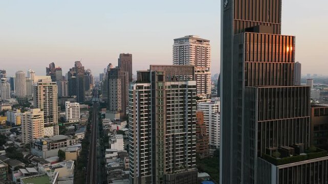 Aerial view of Khlong Toei district in Bangkok. City skyline with modern architecture and towering skyscrapers like Estelle Phrom Phong, an ultra luxury condominium