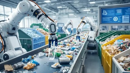 Automated Waste Management: High-Tech Robots Efficiently Sort Recycling Materials on a Busy Conveyor Belt at a Modern Recycling Facility - Powered by Adobe
