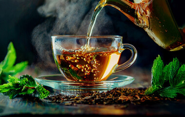 Pouring infusion into a glass cup on table with ingredients