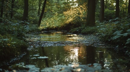 Tranquil forest scene with flowing water and sunlight reflection
