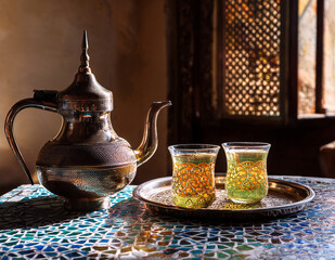 Moroccan tea on ceramic mosaic table in a room