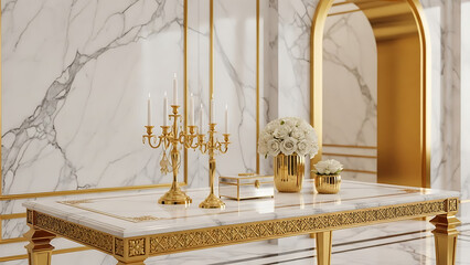 Elegant Marble Console Table with Golden Accents in Luxurious Interior Design