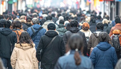 Fototapeta premium 都市の通りを埋め尽くす人々が現代社会の密集と動きを示す