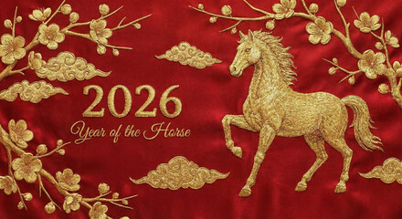 Happy Chinese New Year 2026 Year of the Horse Celebration Background with 3D Golden Stallion, Traditional Red Fan, and Lucky Chinese Knot