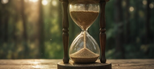 hourglass with sand falling symbolizing time passing with soft natural light and blurred forest background.