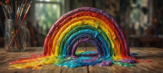 Obraz premium colorful rainbow made of paint with brushes in a jar on a wooden table, artistic creativity concept