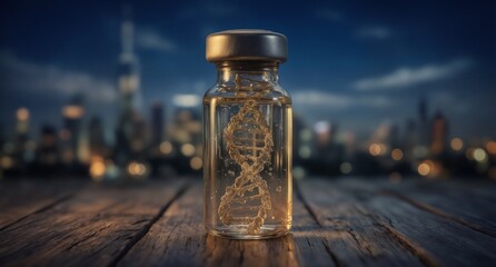 dna molecule in vial with blurred city lights background, science and biotechnology concept.