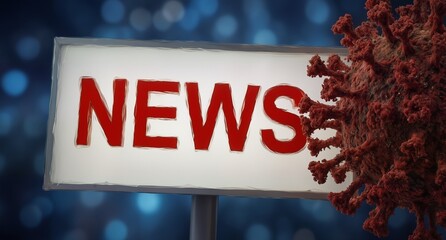 news breaking with coronavirus pandemic concept featuring a virus particle and red text on a white sign.