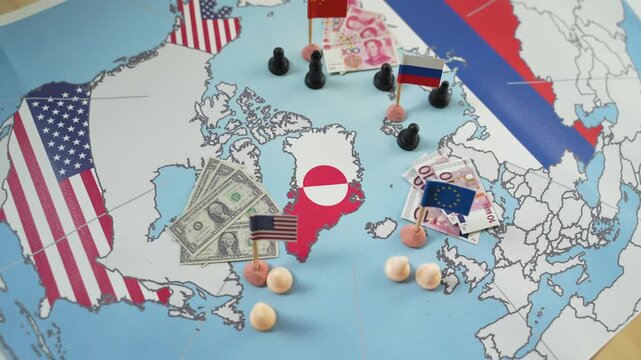 Political and economic dispute over Greenland's sovereignty with the flags of the USA, European Union, China and Russia with chess pawns and currencies on a map of the Arctic region
