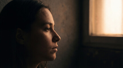 A young woman with dark hair stares contemplatively towards a hazy window. Her expression is serene, perhaps longing, as light catches the side of her face.