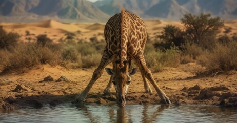 giraffe drinking from a waterhole in the namib desert with mountains in the background