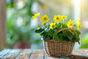 Bright yellow flowers bloom vibrantly in a charming basket, adding a cheerful touch to a cozy, sunlit space surrounded by lush greenery