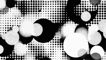 A striking monochrome abstract pattern showcasing varying sized circles and halftone dots creating a dynamic visual texture